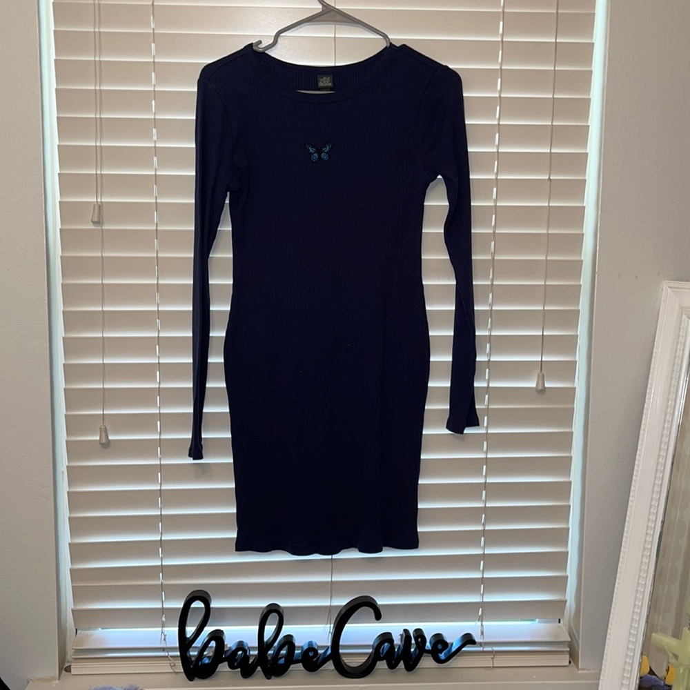 Wild Fable Long Sleeve Navy Blue Dress with Blue Butterfly.
